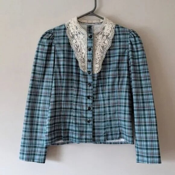 Vintage plaid prairie cottagecore peasant long sleeve blouse - Picture 1 of 5